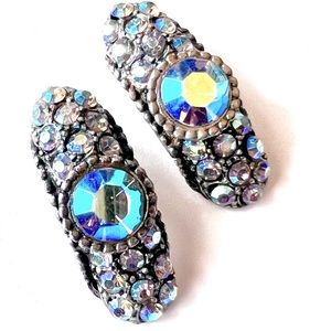 Dazzling Vintage Rhinestone Ear Clips Aurora Borealis Shimmer Statement Earrings